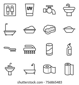 Thin line icon set : wc, uv cream, water tap, sink, bath, washing, sponge with foam, basin, brush, cleanser powder, toilet, paper, towel