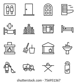 Thin line icon set : wc, door, arch window, hotel, hospital, wardrobe, bed, fireplace, bucket and broom, utility room, water tap sink, brooming, home call cleaning, iron board, please clean