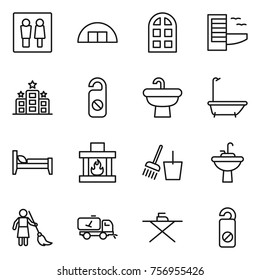 Thin line icon set : wc, hangar, arch window, hotel, do not distrub, sink, bath, bed, fireplace, bucket and broom, water tap, brooming, home call cleaning, iron board