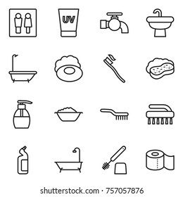 Thin line icon set : wc, uv cream, water tap, sink, bath, soap, tooth brush, sponge with foam, liquid, basin, toilet cleanser, paper