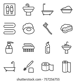Thin line icon set : wc, sink, bath, washing, towel, soap, tooth brush, sponge with foam, liquid, toilet cleanser, water tap, paper