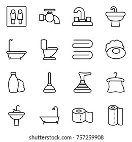 Thin line icon set : wc, water tap, sink, bath, toilet, towel, soap, shampoo, plunger, hanger, paper