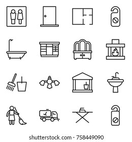 Thin line icon set : wc, door, plan, do not distrub, bath, wardrobe, dresser, fireplace, bucket and broom, hard reach place cleaning, utility room, water tap sink, brooming, home call, iron board