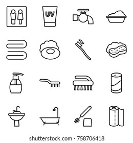 Thin line icon set : wc, uv cream, water tap, washing, towel, soap, tooth brush, sponge with foam, liquid, cleanser powder, sink, bath, toilet, paper