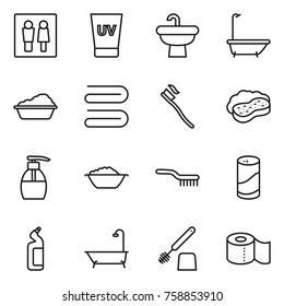 Thin line icon set : wc, uv cream, sink, bath, washing, towel, tooth brush, sponge with foam, liquid soap, basin, cleanser powder, toilet, paper