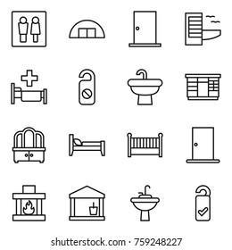 Thin line icon set : wc, hangare, door, hotel, hospital, do not distrub, sink, wardrobe, dresser, bed, crib, fireplace, utility room, water tap, please clean