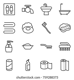 Thin line icon set : wc, water tap, sink, bath, towel, soap, tooth brush, sponge with foam, liquid, basin, cleanser powder, toilet, paper