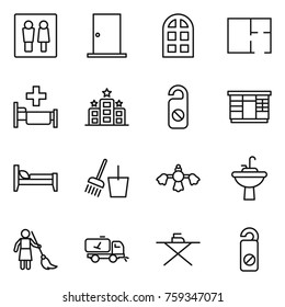 Thin line icon set : wc, door, arch window, plan, hospital, hotel, do not distrub, wardrobe, bed, bucket and broom, hard reach place cleaning, water tap sink, brooming, home call, iron board