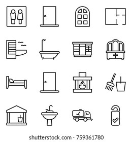 Thin line icon set : wc, door, arch window, plan, hotel, bath, wardrobe, dresser, bed, fireplace, bucket and broom, utility room, water tap sink, home call cleaning, please clean