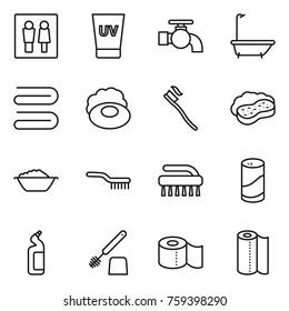 Thin line icon set : wc, uv cream, water tap, bath, towel, soap, tooth brush, sponge with foam, basin, cleanser powder, toilet, paper