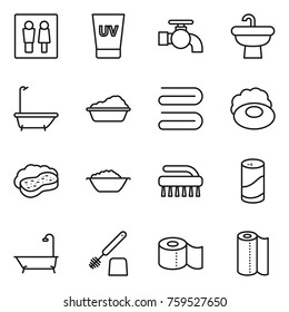 Thin line icon set : wc, uv cream, water tap, sink, bath, washing, towel, soap, sponge with foam, basin, brush, cleanser powder, toilet, paper