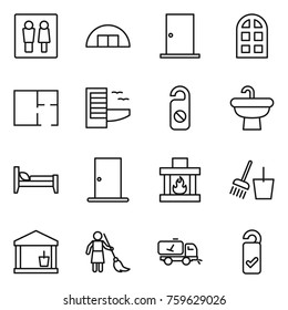 Thin line icon set : wc, hangare, door, arch window, plan, hotel, do not distrub, sink, bed, fireplace, bucket and broom, utility room, brooming, home call cleaning, please clean