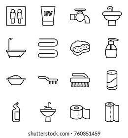 Thin line icon set : wc, uv cream, water tap, sink, bath, towel, sponge with foam, liquid soap, basin, brush, cleanser powder, toilet, paper