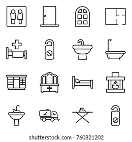 Thin line icon set : wc, door, arch window, plan, hospital, do not distrub, sink, bath, wardrobe, dresser, bed, fireplace, water tap, home call cleaning, iron board