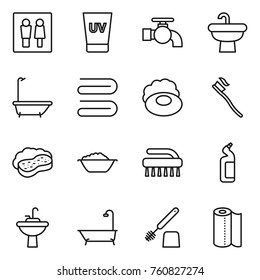 Thin line icon set : wc, uv cream, water tap, sink, bath, towel, soap, tooth brush, sponge with foam, basin, toilet cleanser, paper