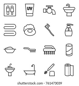 Thin line icon set : wc, uv cream, water tap, sink, towel, soap, tooth brush, liquid, foam basin, cleanser powder, bath, toilet, paper