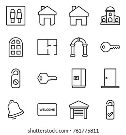 Thin line icon set : wc, home, mansion, arch window, plan, key, do not distrub, fridge, door, bell, welcome mat, garage, please clean