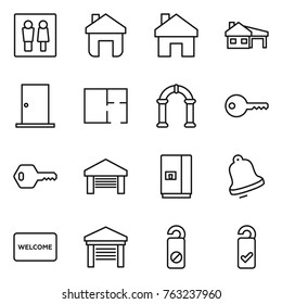 Thin line icon set : wc, home, house with garage, door, plan, arch, key, fridge, bell, welcome mat, do not distrub, please clean