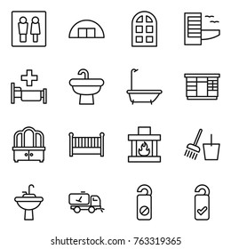 Thin line icon set : wc, hangare, arch window, hotel, hospital, sink, bath, wardrobe, dresser, crib, fireplace, bucket and broom, water tap, home call cleaning, do not distrub, please clean