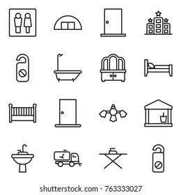 Thin line icon set : wc, hangare, door, hotel, do not distrub, bath, dresser, bed, crib, hard reach place cleaning, utility room, water tap sink, home call, iron board