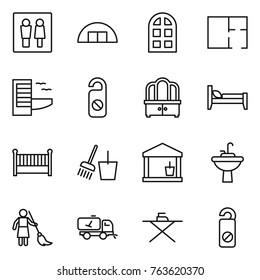 Thin line icon set : wc, hangare, arch window, plan, hotel, do not distrub, dresser, bed, crib, bucket and broom, utility room, water tap sink, brooming, home call cleaning, iron board