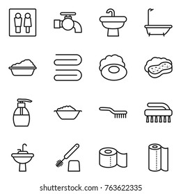 Thin line icon set : wc, water tap, sink, bath, washing, towel, soap, sponge with foam, liquid, basin, brush, toilet, paper