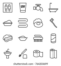 Thin line icon set : wc, uv cream, water tap, bath, washing, towel, soap, tooth brush, sponge with foam, basin, cleanser powder, sink, toilet, paper