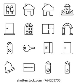 Thin line icon set : wc, home, mansion, door, arch window, plan, do not distrub, key, fridge, bell, welcome mat, please clean