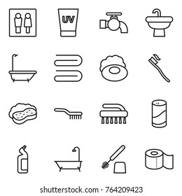 Thin line icon set : wc, uv cream, water tap, sink, bath, towel, soap, tooth brush, sponge with foam, cleanser powder, toilet, paper