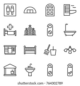 Thin line icon set : wc, hangare, arch window, hotel, hospital, do not distrub, bath, wardrobe, crib, bucket and broom, hard reach place cleaning, utility room, water tap sink, please clean