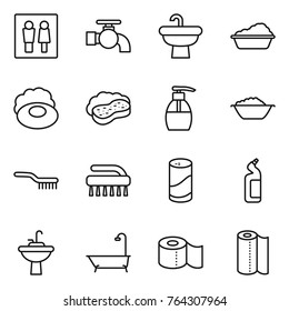 Thin line icon set : wc, water tap, sink, washing, soap, sponge with foam, liquid, basin, brush, cleanser powder, toilet, bath, paper, towel