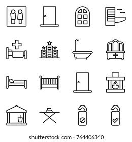 Thin line icon set : wc, door, arch window, hotel, hospital, bath, dresser, bed, crib, fireplace, utility room, iron board, do not distrub, please clean