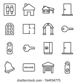 Thin line icon set : wc, home, house with garage, door, arch window, plan, key, do not distrub, fridge, bell, welcome mat