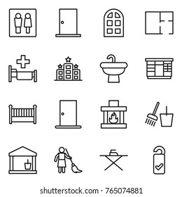 Thin line icon set : wc, door, arch window, plan, hospital, hotel, sink, wardrobe, crib, fireplace, bucket and broom, utility room, brooming, iron board, please clean