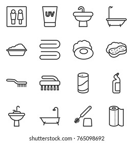 Thin line icon set : wc, uv cream, sink, bath, washing, towel, soap, sponge with foam, brush, cleanser powder, toilet, water tap, paper