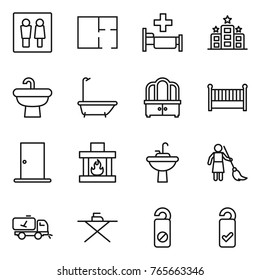Thin line icon set : wc, plan, hospital, hotel, sink, bath, dresser, crib, door, fireplace, water tap, brooming, home call cleaning, iron board, do not distrub, please clean