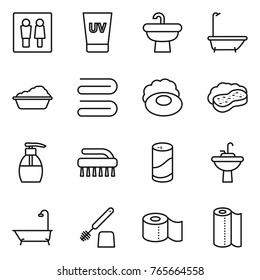 Thin line icon set : wc, uv cream, sink, bath, washing, towel, soap, sponge with foam, liquid, brush, cleanser powder, water tap, toilet, paper
