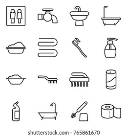 Thin line icon set : wc, water tap, sink, bath, washing, towel, tooth brush, liquid soap, foam basin, cleanser powder, toilet, paper