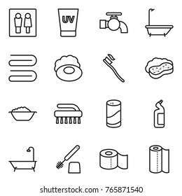 Thin line icon set : wc, uv cream, water tap, bath, towel, soap, tooth brush, sponge with foam, basin, cleanser powder, toilet, paper