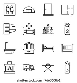 Thin line icon set : wc, hangare, door, plan, hotel, hospital, do not distrub, bath, dresser, bed, crib, fireplace, home call cleaning, iron board, please clean