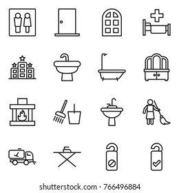 Thin line icon set : wc, door, arch window, hospital, hotel, sink, bath, dresser, fireplace, bucket and broom, water tap, brooming, home call cleaning, iron board, do not distrub, please clean