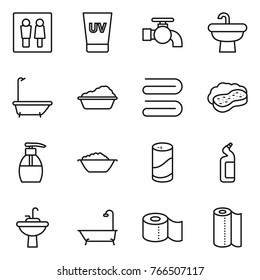 Thin line icon set : wc, uv cream, water tap, sink, bath, washing, towel, sponge with foam, liquid soap, basin, cleanser powder, toilet, paper