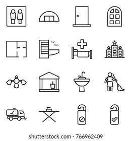 Thin line icon set : wc, hangare, door, arch window, plan, hotel, hospital, hard reach place cleaning, utility room, water tap sink, brooming, home call, iron board, do not distrub, please clean