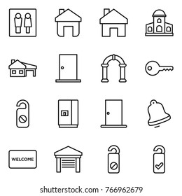 Thin line icon set : wc, home, mansion, house with garage, door, arch, key, do not distrub, fridge, bell, welcome mat, please clean