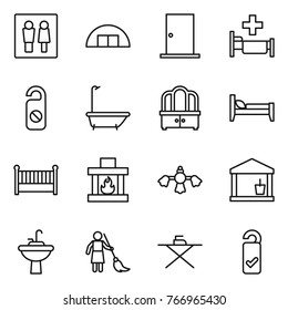 Thin line icon set : wc, hangare, door, hospital, do not distrub, bath, dresser, bed, crib, fireplace, hard reach place cleaning, utility room, water tap sink, brooming, iron board, please clean