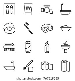 Thin line icon set : wc, uv cream, water tap, bath, soap, tooth brush, sponge with foam, basin, cleanser powder, toilet, sink, paper, towel