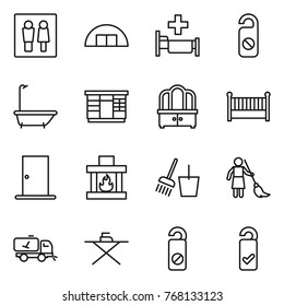 Thin line icon set : wc, hangare, hospital, do not distrub, bath, wardrobe, dresser, crib, door, fireplace, bucket and broom, brooming, home call cleaning, iron board, please clean