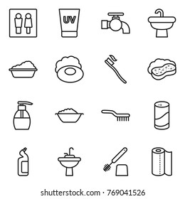 Thin line icon set : wc, uv cream, water tap, sink, washing, soap, tooth brush, sponge with foam, liquid, basin, cleanser powder, toilet, paper towel