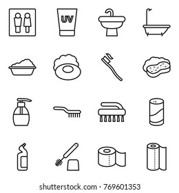 Thin line icon set : wc, uv cream, sink, bath, washing, soap, tooth brush, sponge with foam, liquid, cleanser powder, toilet, paper, towel