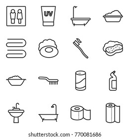Thin line icon set : wc, uv cream, bath, washing, towel, soap, tooth brush, sponge with foam, basin, cleanser powder, toilet, water tap sink, paper